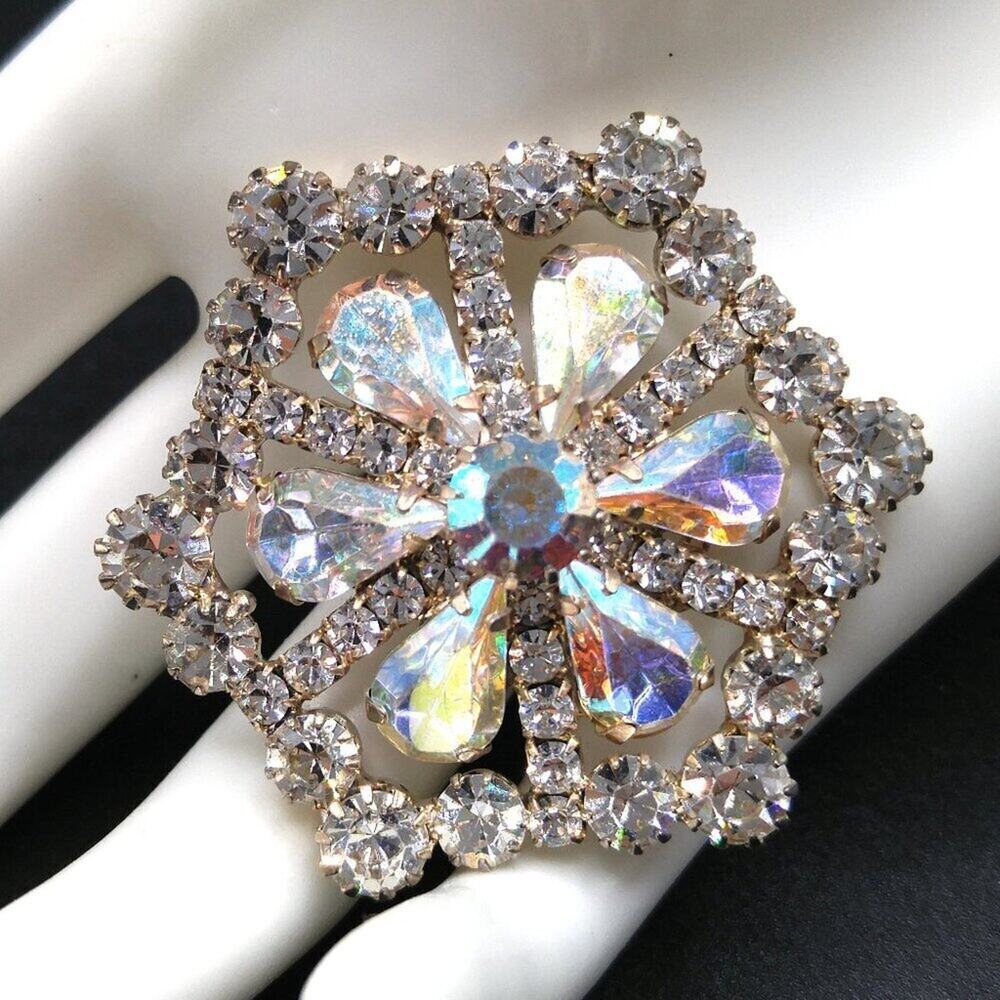 Vintage AB Rhinestone Brooch Clear Crystal Wedding Pin 1950s Floral